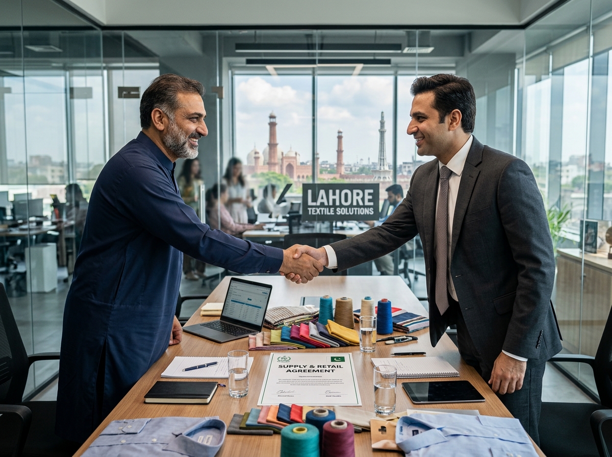 Pakistani manufacturer and retail buyer shaking hands on supply contract