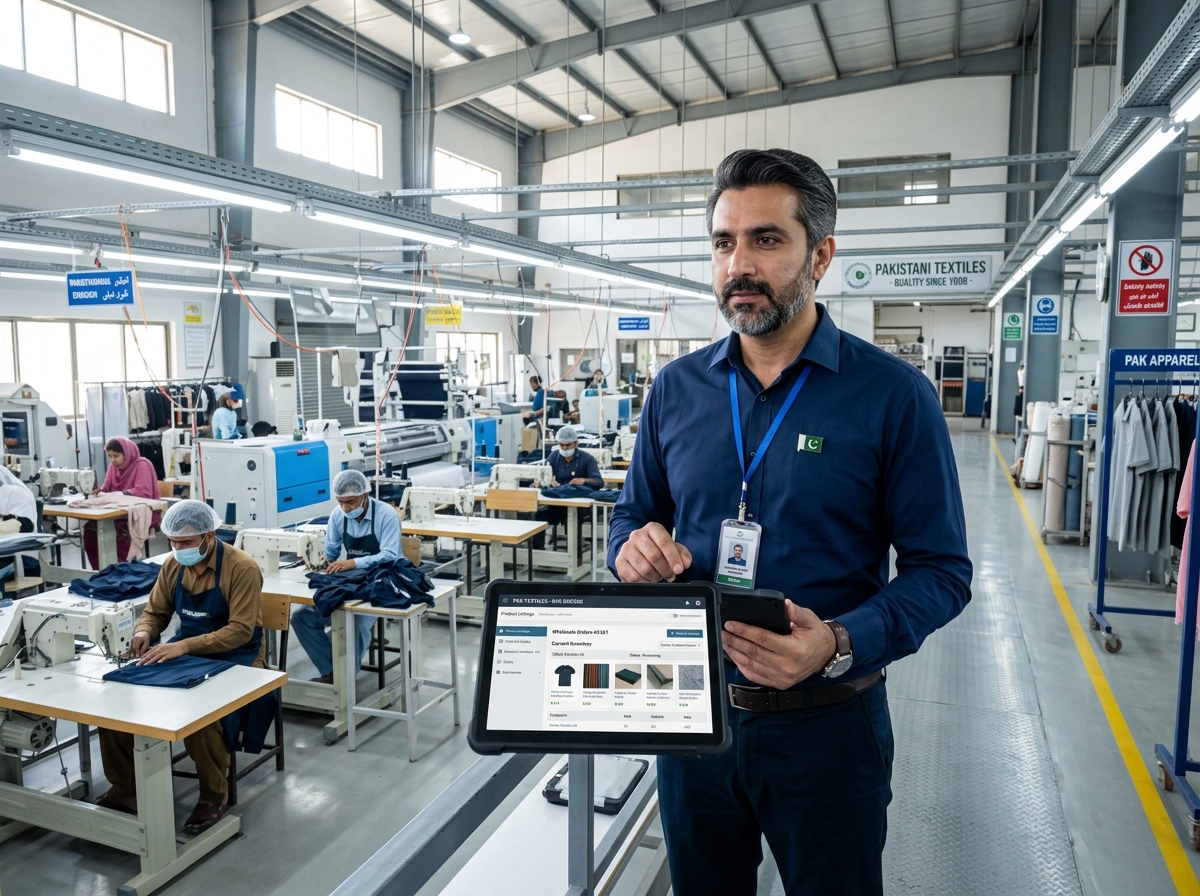Pakistani manufacturer managing wholesale product listings in modern factory